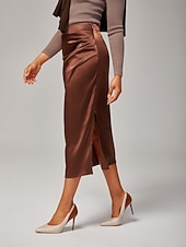 preiswerte Röcke-Damen Stretch Perlglanz Satin Elastische Taille Midirock Elegant Büro &amp;Partykleidung