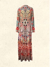 billiga Boho-klänning-Dam Midiklänning T shirtklänning A linjeklänning Semester Ledigt Boho Dagligen Helgdag Datum Normal Blommig Grafisk Geometrisk Långärmad V-hals Mörkbrun Vit Rostig röd Rubinrött Höst Vinter