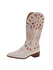 levne Cowboy &amp; Western Boots-Dámské bílé kovbojské boty v západním stylu s unikátním barevným vyšívaným designem a úzkými podpatky, obuv v bohémském západním stylu