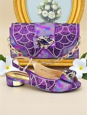 baratos cocktail-Conjunto de sapatos de salto alto com strass dourados e clutch combinando para mulheres, traje de festa brilhante e enfeitado para coquetéis