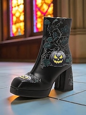 levne Pro ženy-Dámské kotníkové boty na platformě na halloween – černá umělá kůže s potiskem dýně, úzké podpatky a boční zip, strašidelný gotický styl pro kostýmní večírky, tematické akce a koledování.
