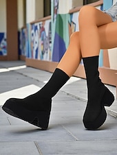 baratos Botas com salto-Botas plataforma grossas femininas – botas de cano curto pretas de malha elástica com bico redondo para streetwear, looks casuais e moda outono