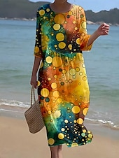 preiswerte Kunst &amp; Design Kleid-Damen Maxi Kleid Kaftan 3/4 Länge Ärmel Rundhalsausschnitt Lässiges Shift Kleid A-Linie Kleid Kleid Boho Alltag Urlaub Date Reguläre Passform Grafisch Geometrisch Abstrakt Gelb Blau Grün Frühling