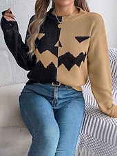 economico Blusa e Camicie di Halloween-Maglione da donna Halloween con zucca casual morbido grafica colletto a coste maniche lunghe top regolari lavorato a maglia arancione khaki autunno inverno pre-autunno