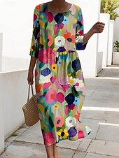 billiga Blommig klänning-Kvinnors Maxiklänning Kaftan 3/4 Lång Ärme Crew Neck Avslappnad Shift Klänning A-linjeformat Klänning Klänning Boho Daglig Semester Dejtdress Blommig Grafisk Rosa Röd Blå Fuchsia Vår
