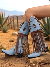 billige Cowboy og vestlige støvler-Blå og brune cowboystøvler med westernfrynser til dame – knehøye støvler med broderi i imitert skinn for rodeo-stil, countrykonserter og festivalantrekk