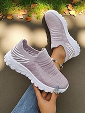 levne Dámské tenisky-Dámské růžové flyknit nazouvací tenisky s bílou podrážkou – ležérní lehká vycházková obuv na fitness, cestování i každodenní nošení