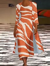 preiswerte Streifen- und geometrisches Kleid-Damen Kleid-Set Maxidress Shiftkleid Sommerkleid Lässig Grafik Geometrisch Geschichtet Druck Maxikleid Dreiviertelarm Rundhalsausschnitt Täglich Orange Frühling Herbst Normale Passform