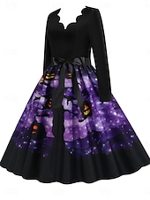 ieftine Rochie de Halloween-Rochie midi de Halloween pentru femei cu imprimeu de dovleac rochie în formă de A casual zi de zi vacanță croială regulată dovleac mânecă lungă guler în V galben albastru mov portocaliu vară