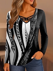 ieftine Tricou cu animale-Pentru femei Tricou Grafic Leopard Geometric Epocă Stilat Clasic Manșon Lung În V Topuri obișnuite Zilnic Eliminat Imprimeu Galben Albastru piscină Mov Trifoi Gri Primăvară Toamnă