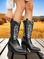 levne Cowboy &amp; Western Boots-Dámské semišové kovbojské boty s vyšívaným designem, westernové, s blokovým podpatkem do poloviny lýtek, retro styl, módní boty pro městské běžné nošení