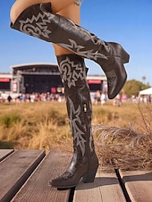 Недорогие Ковбой и западные ботинки-Женские коричневые ковбойские сапоги выше колена в стиле вестерн — ковбойские сапоги из искусственной кожи с вышивкой, острым носком и блочным каблуком для уличного стиля, повседневных нарядов на