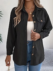 preiswerte Damen Einfache Oberteile-Damen Hemd Textur Bluse Bluse Einfach Modern Lässig Langarm Hemdkragen Normale Oberteile Täglich Ausgehen Tasche Knöpfe Schwarz Wein Khaki Herbst