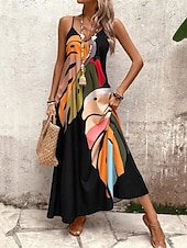 cheap Print Floral Dresses-Women's Long Dress Maxi Dress Summer Dress Slip Dress Fashion Modern Daily Beach Weekend Regular Fit Leaf Tropical Sleeveless V Neck Black Summer Spring