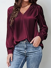 preiswerte Elegante Oberteile-Damen Hemd Bluse Einfach Modern Lässig Langarm V Ausschnitt Normale Oberteile Täglich Ferien Ausgehen Gerafft Schwarz Weiß Gelb Rosa Wein Herbst