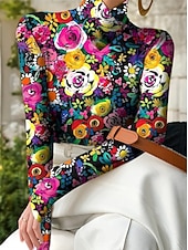 billige Blomster t-skjorte-Dame Tunika Blomstret Grafisk Planter Elegant Årgang Stilfull Langermet Høyhalset Asymmetrisk hals Vanlige topper Daglig Svart og Hvit Fuksia Oransje Vår Høst Vinter