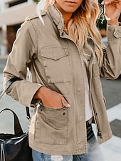 cheap Shirt Jackets-Women&#039;s Hoodie Jacket Warm Comfortable Zipper Pocket Casual Plain Vacation Daily Zipper Regular Turndown Regular Fit Long Sleeve Outerwear Black Khaki Army Green Fall Winter