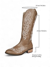 levne Cowboy &amp; Western Boots-Dámské kovbojské boty v westernovém stylu do poloviny lýtek – červená umělá kůže s bílou výšivkou, boční zip a nízký podpatek, ideální na country festivaly, rodeo outfity a ležérní podzimní streetwear.