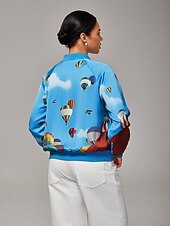 economico Giacche-Giubbotto bomber da donna con stampa a mongolfiera, collo a coste, foderato, elegante, casual, da indossare tutti i giorni, da lavoro, autunno