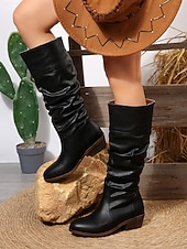 levne Slouch Boots-Dámské tmavě hnědé kozačky z umělé kůže – stylové kozačky na nízkém podpatku pro podzimní a zimní outfity