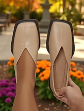 cheap Women's Flats-Women's Beige Square Toe Slip-On Loafers - Faux Leather Low Heel Comfort Shoes with V-Cut Vamp, Minimalist Modern Style for Casual Wear, Office Outfits and Autumn Fashion