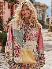 Women's 3D Print Vintage Boho Hoodie Patchwork Hoodie Sweatshirt Floral Pullover Sweatshirt Oversized Casual Graphic Floral Warm Active Hooded Street Dailywear Patchwork Pink Spring Fall Winter4