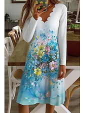 abordables Robes de Noël-Pâques Femmes Mini Robe Robe fourreau Occasionnel Boho Quotidien Coupe régulière Fleuri Graphique manche longue Col en V Bleu Violet Vert Printemps Automne Hiver