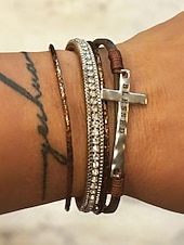 levne Dámský náramek-Dámský vícevrstvý náramek s křížkem a kamínky – inspirativní „požehnaný“ náramek z umělé kůže pro běžné nošení, do kostela i na zvláštní příležitosti