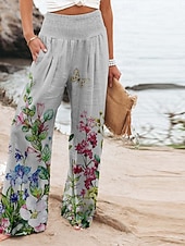 economico gamba larga e vita alta-Per donna Pantaloni in cotone e lino Gamba larga Chinos Vacanza Vintage Stile Etnico Lunghezza intera Vita Alta Floreale Tasca Elastico in vita Stampa Comodità All&#039;aperto Elasticizzato Streetwear