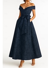 ieftine Lungimea gleznei-Rochie de seară elegantă, albastru vișiniu, în linie A, rochie formală de mireasă, lungime la podea, mânecă scurtă, cu umăr decoltat, nailon, cu fundă(e) și bretele, 2025