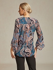  Жен. Бохо Рубашка Блуза Оборки Огурцы Винтаж Стиль На каждый день Длинный рукав V-образный вырез Обычные топы Повседневные Офис Свадебный гость Темно синий Лето Весна Осень