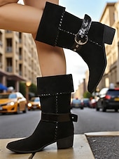 abordables Cowboy et bottes occidentales-Bottes mi-mollet en daim marron pour femme – bottines western à rabat avec bride à boucle et talons bas, chaussures rétro d&#039;automne pour le streetwear, tenues décontractées et looks d&#039;inspiration rodéo