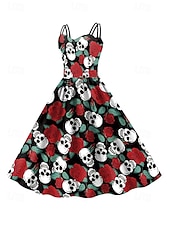 女性用スカルプリントミニドレス Aラインドレス カジュアル デイリー ホリデー レギュラーフィット スカル ノースリーブ スパゲッティストラップ ブラック ホワイト ワイン サビレッド 夏 春 秋 お買い得  頭蓋骨と骨のドレス-女性用スカルプリントミニドレス Aラインドレス カジュアル デイリー ホリデー レギュラーフィット スカル ノースリーブ スパゲッティストラップ ブラック ホワイト ワイン サビレッド 夏 春 秋