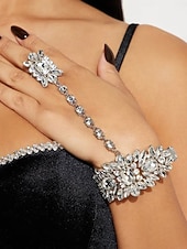 cheap Women&#039;s Bracelet-Women&#039;s Silver Rhinestone Hand Chain Bracelet with Statement Ring, Glamorous Jewelry for Parties and Special Occasions