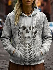 billige Halloween hettegenser og hettejakke-Dame Pullover hettegenser-genser Grafisk Hodeskaller Fritid Langermet Med hette Vanlige topper Festkveldsklær Gate Hverdag Hvit Rosa Blå Lilla Kakifarget Vår Høst Vinter