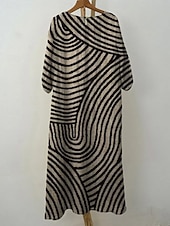 abordables Robe Rayée et Géométrique-Robe maxi femme Kaftan à manches 3/4 col rond robe décontractée robe shift A-line robe Boho quotidienne rendez-vous sortie géométrique brun foncé jaune rouge violet