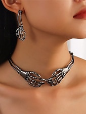 Χαμηλού Κόστους Αξεσουάρ Χαλοουίν-Σετ γυναικείων σκουλαρίκια κολιέ με σκελετό για το Halloween, σε γοτθικό πανκ στυλ, ιδανικό για πάρτι μεταμφιεσμένων και avant-garde κοστούμια