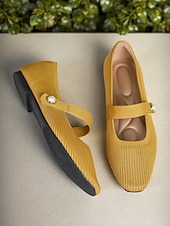 billiga Platta damskor-Beige stickade Mary Jane-skor med pärlrem för kvinnor - lätta, andningsbara vardagsskor för vardagsbruk, resor och kontorskläder