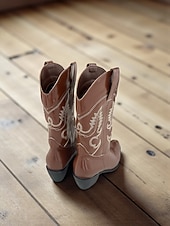 olcso Cowboy és nyugati csizma-női cowboy csizma hímzett western varrással, hegyes orrú és alacsony sarokkal - stílusos városi casual lábbeli női utcai viseletre és mindennapi viseletre