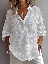preiswerte Einfarbiges T-Shirt-Damen Bluse Einfach Lässig Dreiviertelarm V Ausschnitt Normale Oberteile Bestickt Knöpfe Schwarz Weiß Frühling Herbst