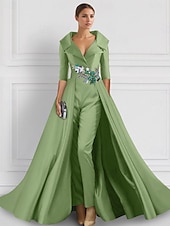 billiga Ballgowns för kvällsbruk-A-linjeformad aftonklänning Elegant overskirt jumpsuit klänning formell bröllop blomster golvlängd halvlång ärm skjortkrage satin med slits broderi applikationer