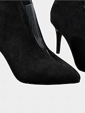 abordables Bottines-Bottines à talons aiguilles noires pour femmes - bottines à bout pointu en daim avec design en V pour un look de bureau chic et urbain et un style streetwear d&#039;automne