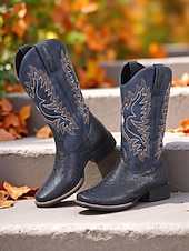 economico Stivali da cowboy e occidentali-stivali da cowboy ricamati marroni da donna: classici stivali a metà polpaccio in stile western per festival autunnali, lavori agricoli e concerti country
