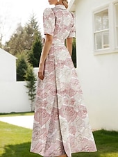 baratos Vestidos de Festa em A-Linha A Longo Vestidos de noite Vestido de Baile Vestido formal Elegante Vintage Manga Curta Colarinho de Camisa Casamento Formal Fibra Sintética com Estampa floral Fenda Bolsos