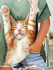 billiga Djur tee-Dam T-shirt Grafisk Djur Katt Vintage Stylish Klassisk Kortärmad Rund hals Vanliga toppar Dagligen Helgen Mönster Ljusgrön Sommar Vår