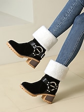 baratos Botas de neve e inverno-Botas femininas de camurça sintética com punho e fivela de pele de carneiro – botas casuais de inverno com salto grosso para atividades ao ar livre, viagens e looks aconchegantes