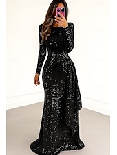 baratos Vestidos de Noite-Vestido de noite elegante, vermelho, azul, com lantejoulas, comprimento até o chão, manga comprida, gola redonda com pregas brilhantes, 2025