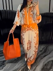 お買い得  レディースブラウススーツ-女性用 活発的 ファッション ブラウス パンツセット 長袖 スタンド フラワー ドローストリング プリント アウトドア お出かけ ブルー オレンジ グリーン 秋 レギュラー