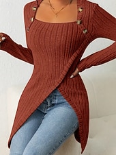 cheap Plain tee-Women's T Shirt Tee Top Buttons Asymmetrical Solid Color Elegant Fashion Long Sleeve Square Neck Regular Tops Daily Weekend Black Brown Rose Pink Gray Spring Fall