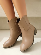 abordables Cowboy y botas occidentales-Botines de piel sintética color vino tinto para mujer: botas cortas de tacón bajo estilo western informal para el trabajo, viajes y atuendos cotidianos.